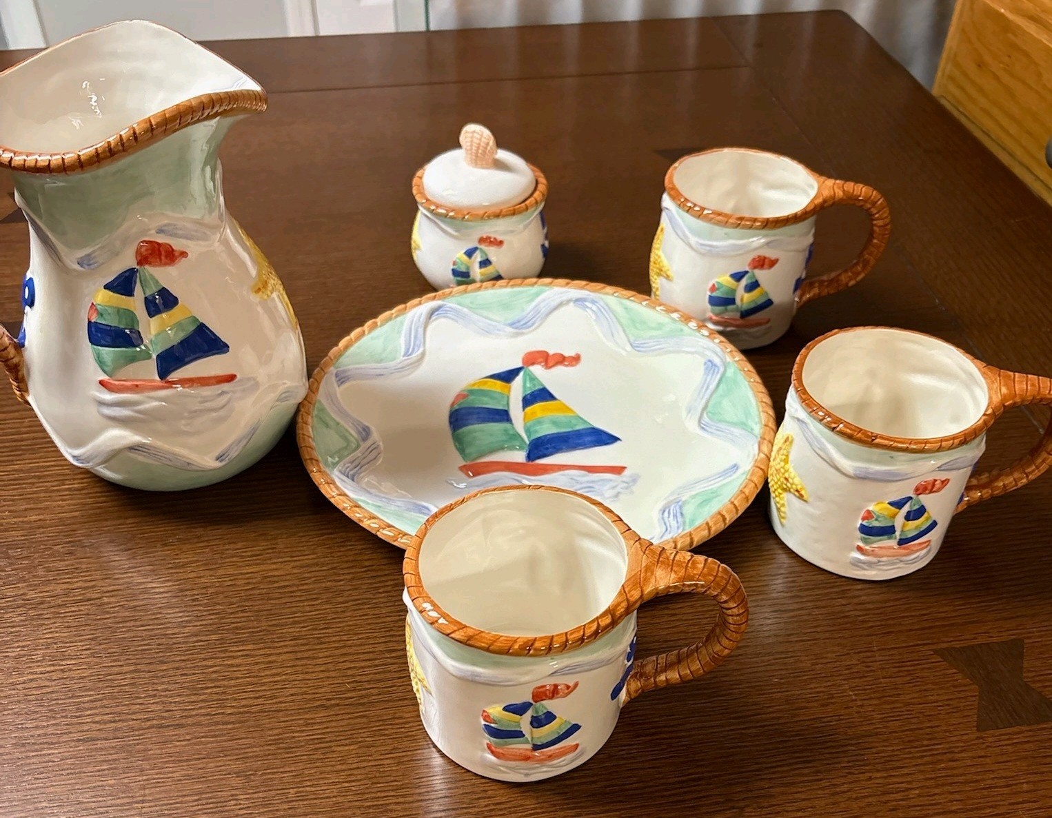 VIntage Hand-painted Ceramic Tea/Drink Set with A Nautical Theme Sailboats
