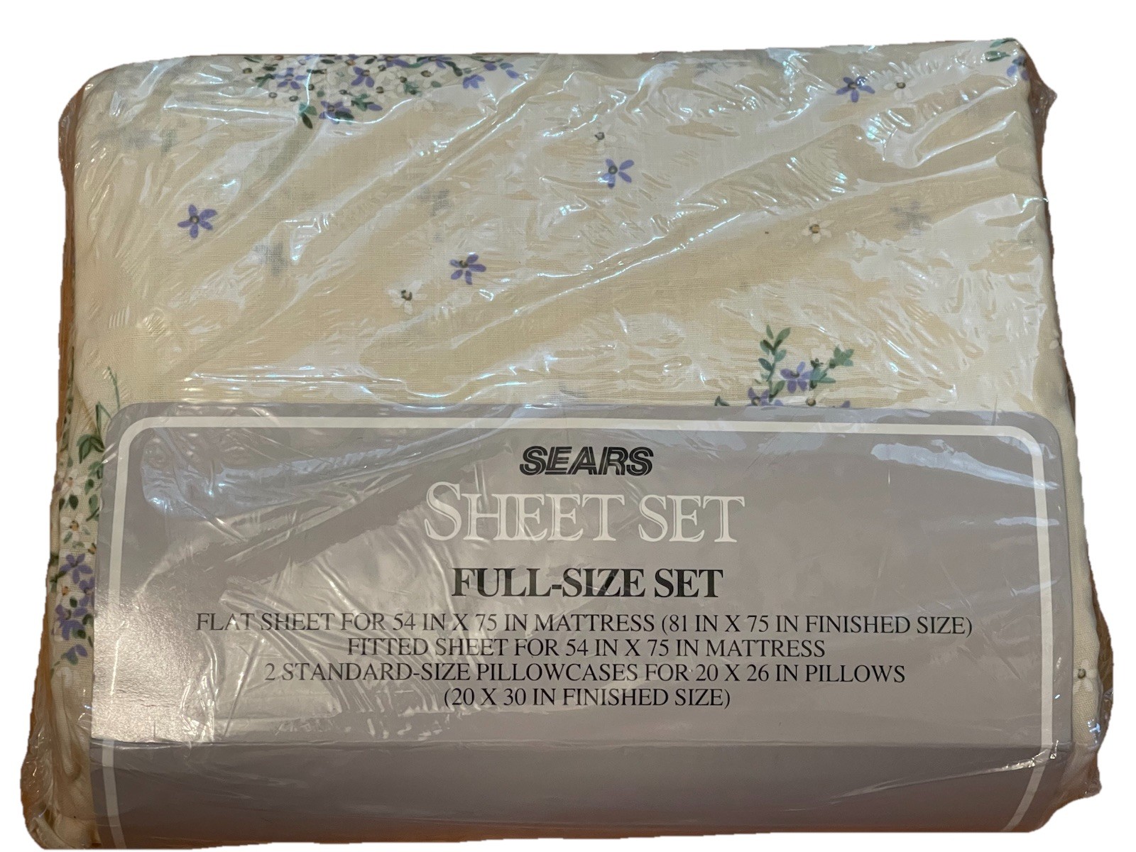 Sears vintage full Size Sheet Set Beige Purple Flowers Perma Prest Cottage Core