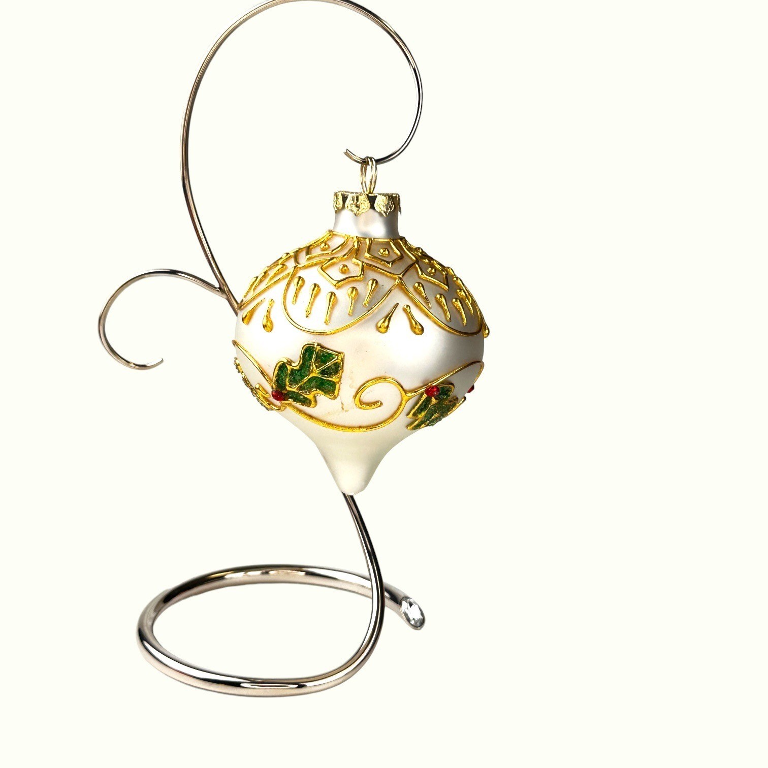 Hand-Painted Glass Christmas Ornament With Gold & Green Holly Design 4 Inches Ta