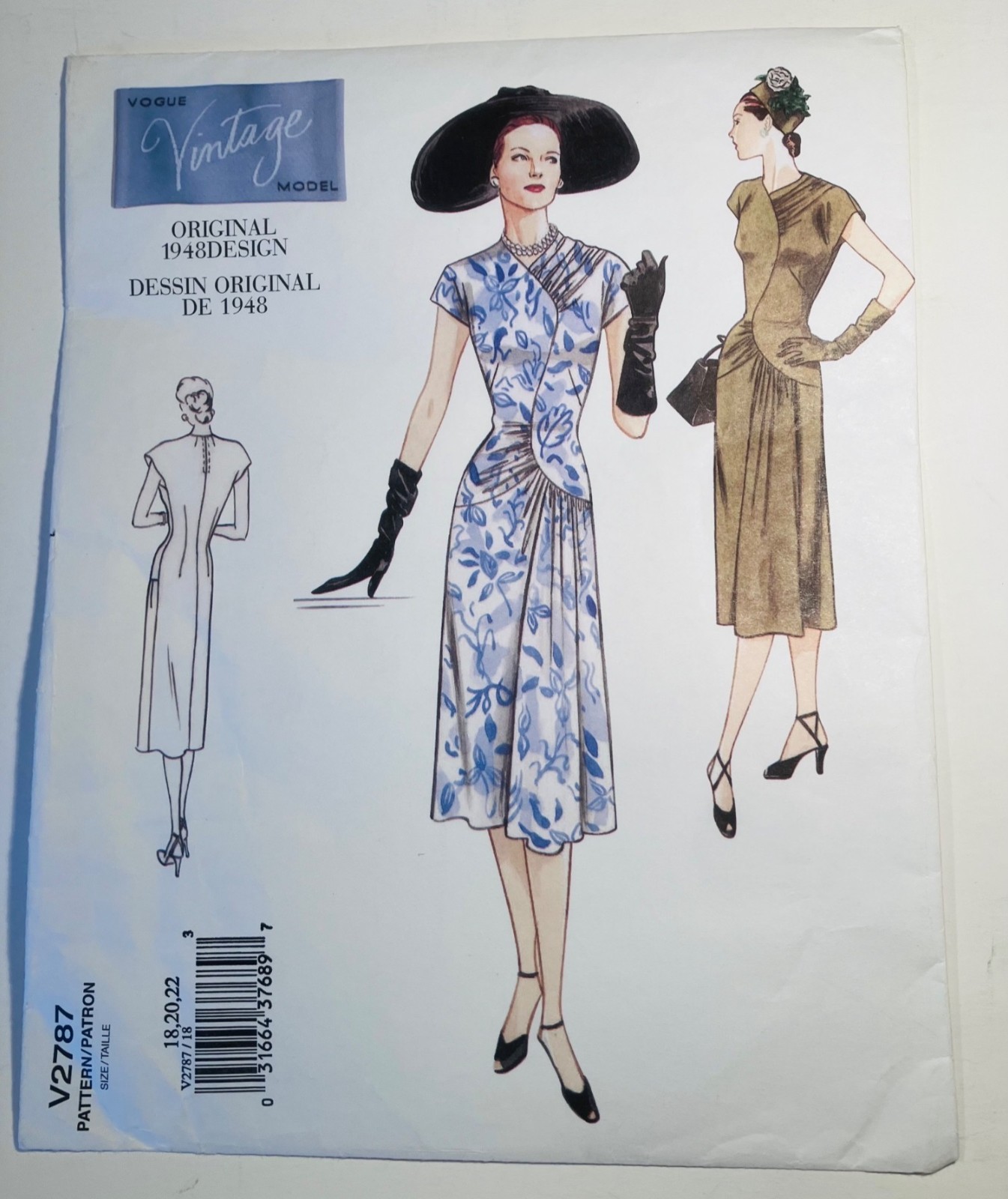 40s Reprint Vogue V2787 Sz 18-22 Dress Pattern Asymmetrical Draped Bodice FF