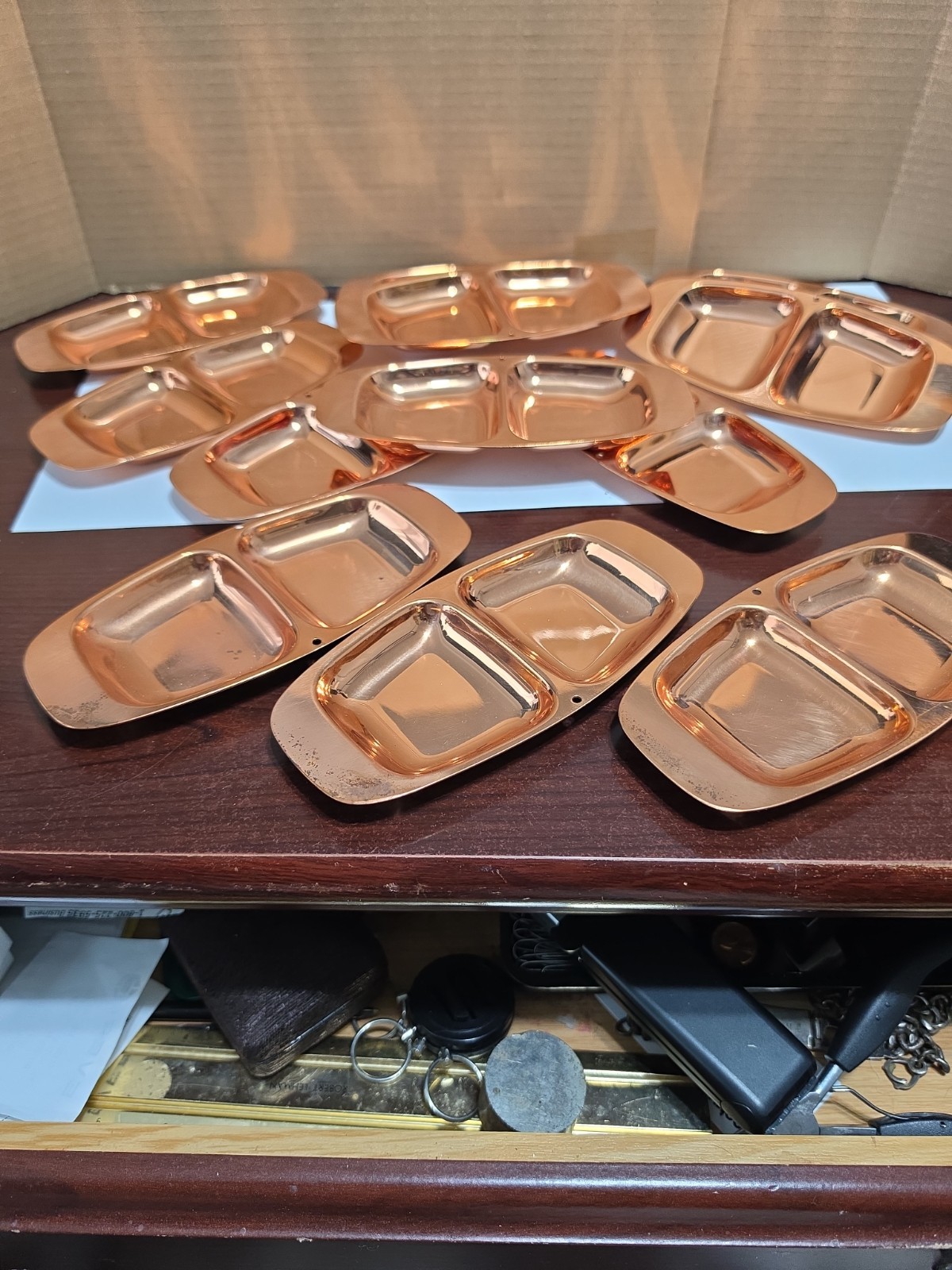 Copper Toned Metal Serving Appetizer Trays Set of 12. 3 Have A Bit Of Tarnish
