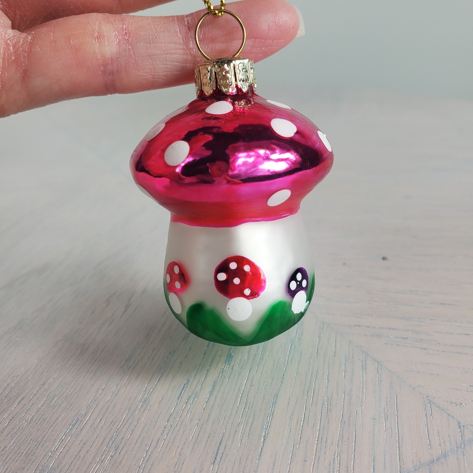 Small Blown Glass Mushroom Ornament Pink Red Purple With White Dots Christmas
