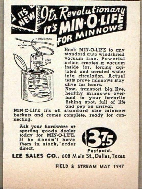 1947 Print Ad Min-O-Life Fishing Minnow Buckets Dallas,TX