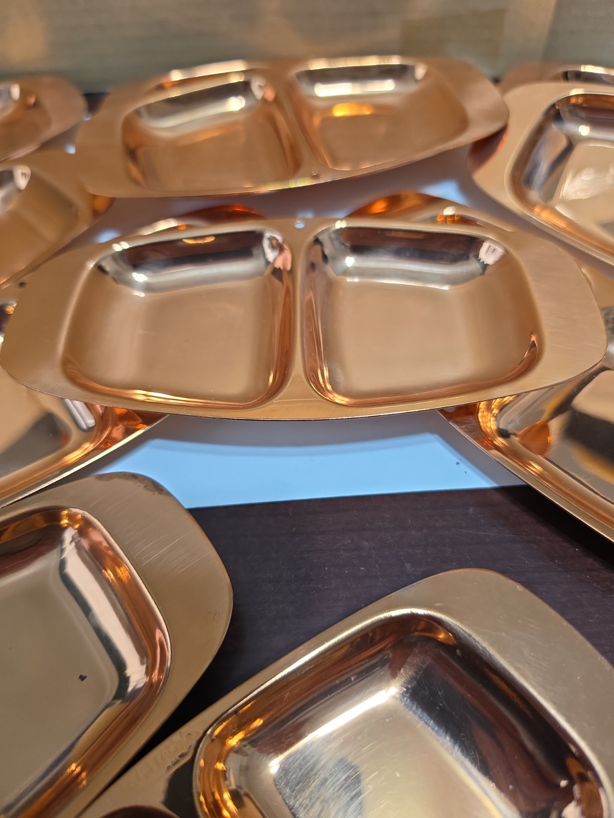 Copper Toned Metal Serving Appetizer Trays Set of 12. 3 Have A Bit Of Tarnish