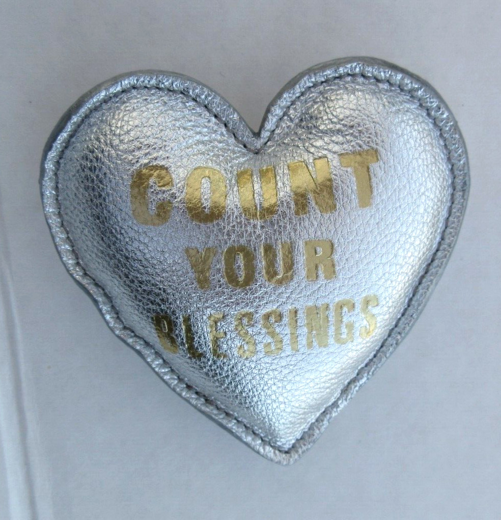 Leather Heart Shape Paperweight COUNT YOUR BLESSINGS 3″ SILVER 8 Ounces