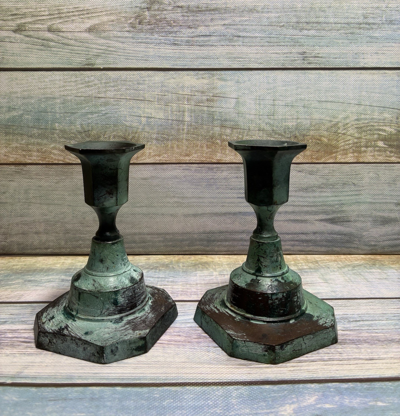 2 Metal Candle Holders Verdigris Archana Crafts Handcrafted India Green Brass