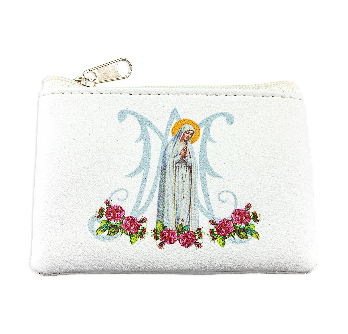 3 1/4″ x 2 1/2″ Our Lady of Fatima White Leatherette Rosary Pouch/Case 1647-W225