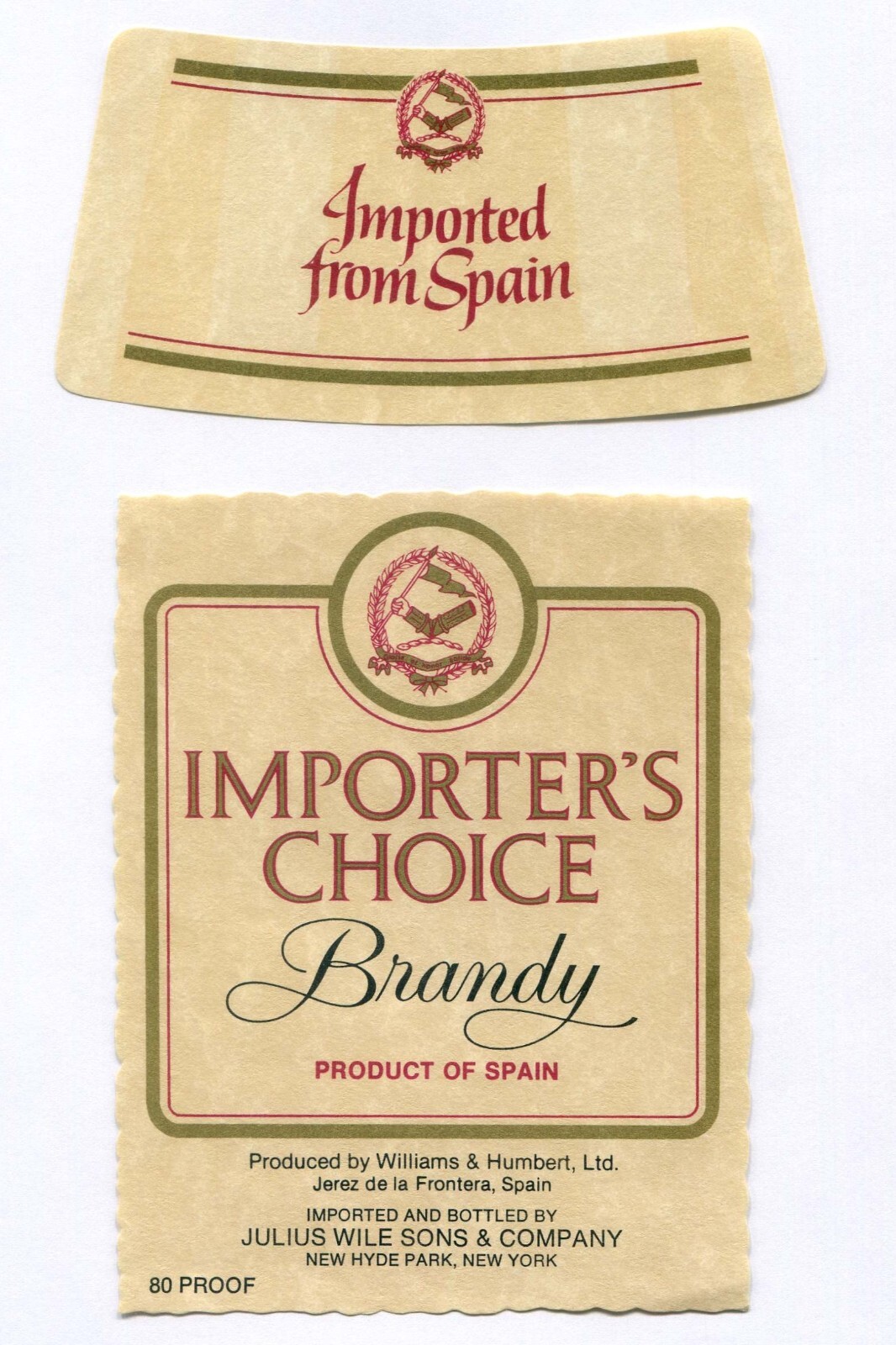 Spain, IMPORTER’S CHOICE BRANDY. USA EXPORT Main & Neck LABELS