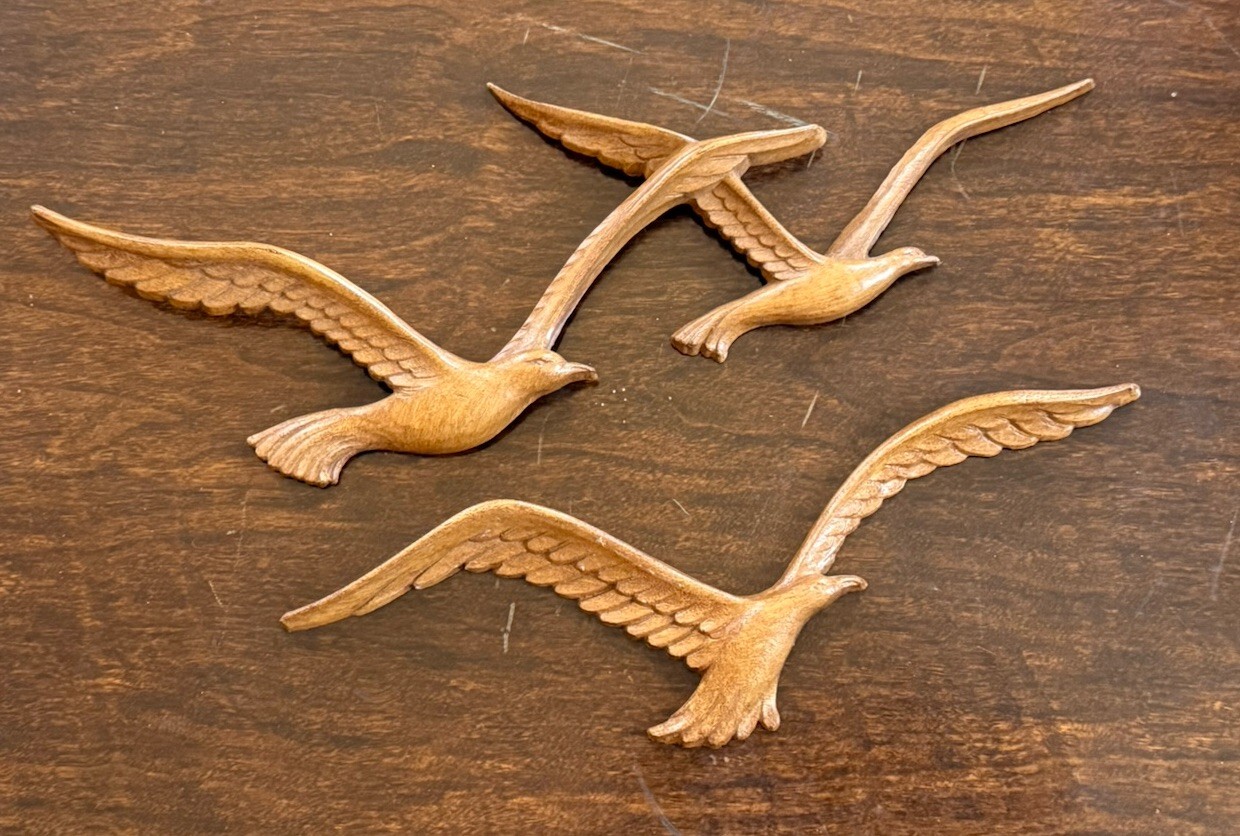 Homco Flying Birds Seagulls MCM Faux Teak Wood Wall Decor 2pc Set 1981 #7619