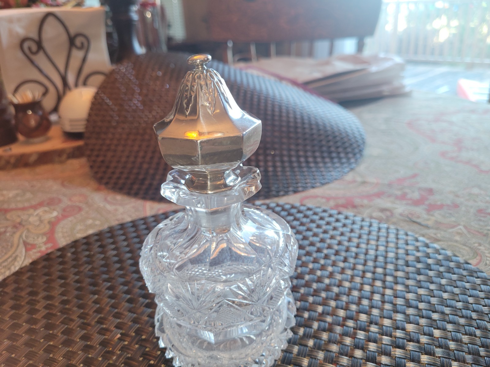 Large 6.5” Antique Gorham Sterling Silver Cut Crystal Perfume Cologne Bottle