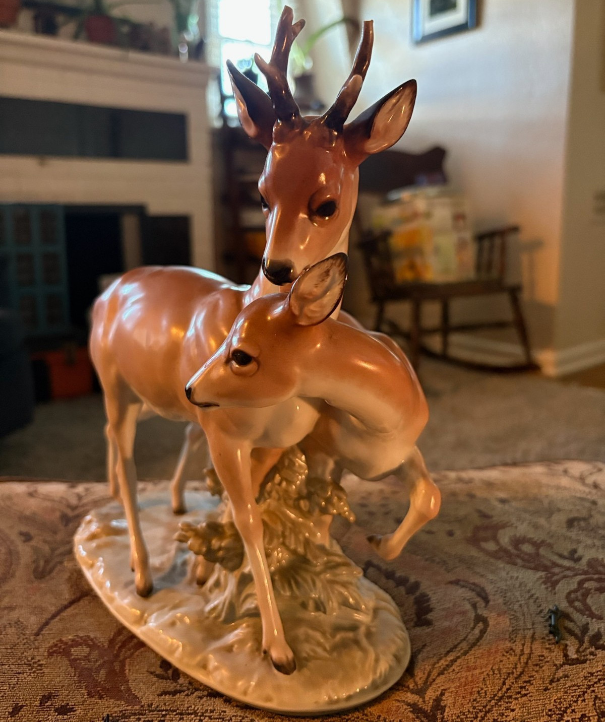 Porcelain Deer Figurine Sculpture Buck & Doe Pair (2 Deer) on Base