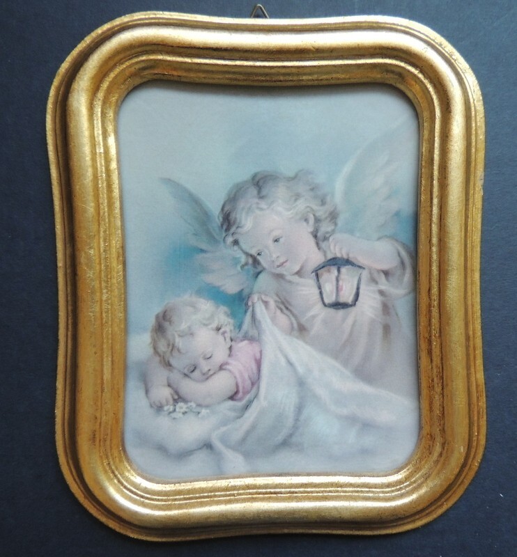 Vintage Guardian Angel Over Sleeping Baby Gold Tone Frame Made In Italy 4″ x 5