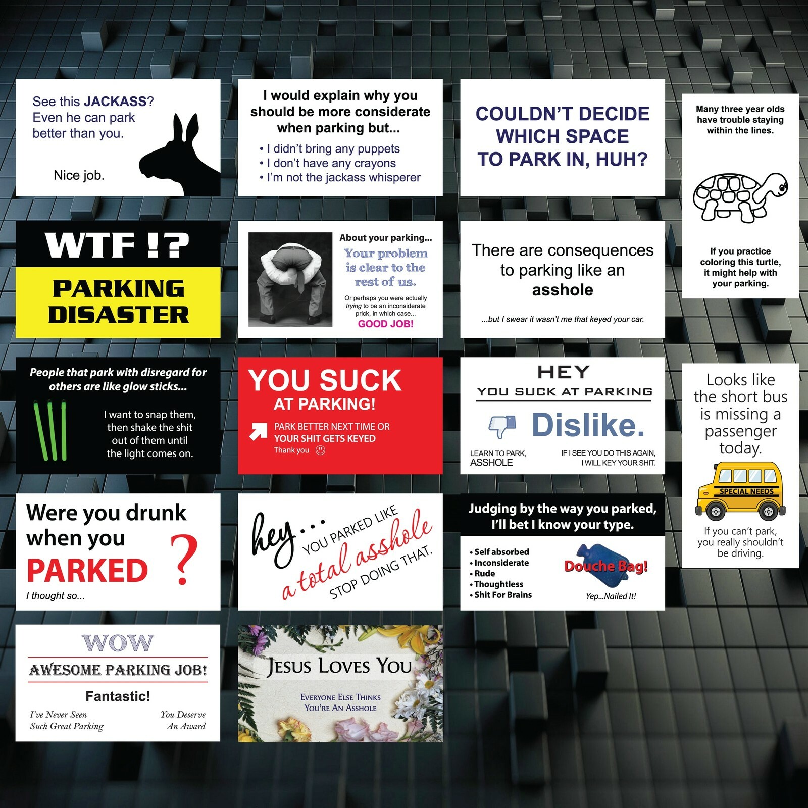 Funny Novelty Prank Bad Parking Cards – Set of 16 Different Designs