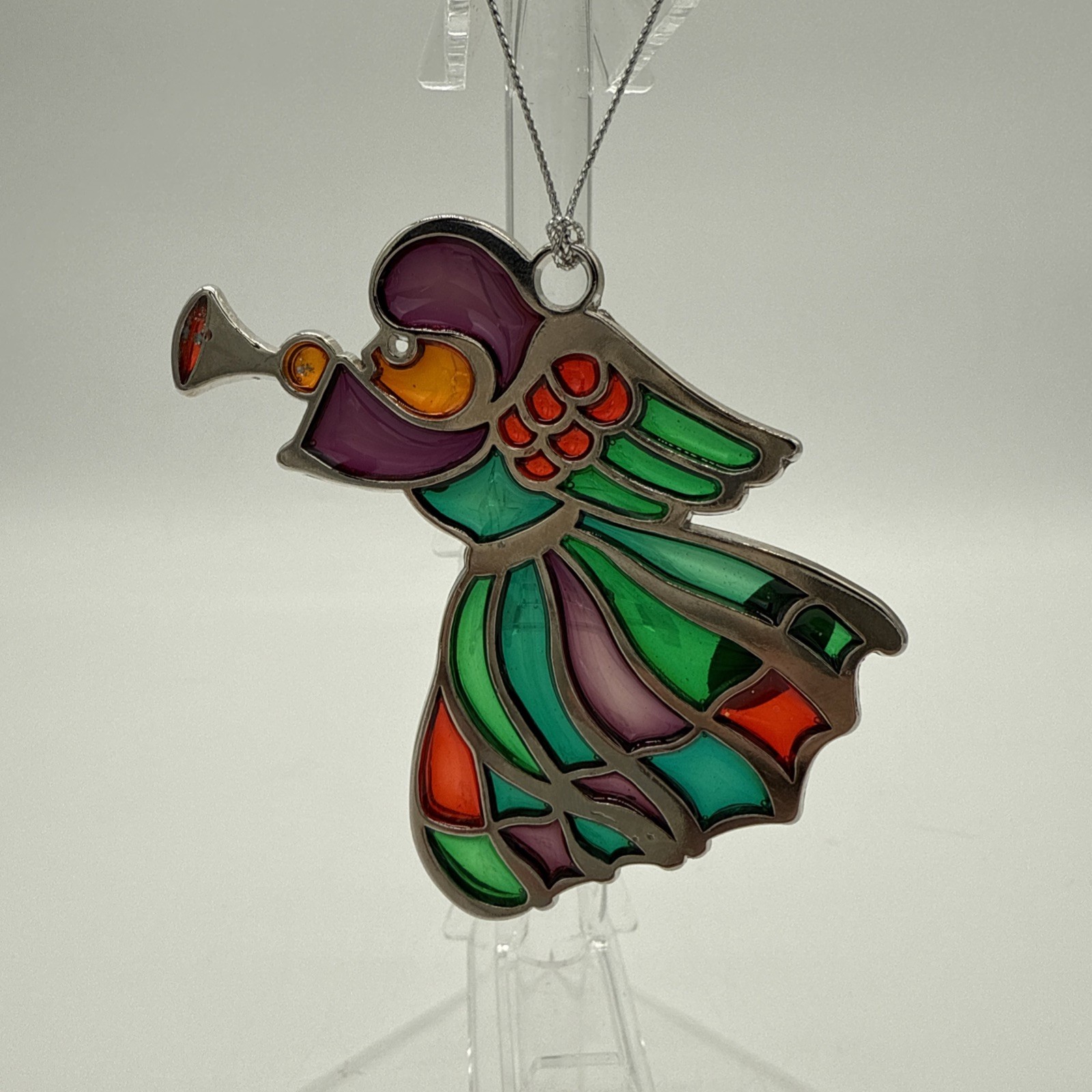 VTG Russ Berrie Christmas Ornament Faux Stained Glass Sun Catcher Angel & Horn