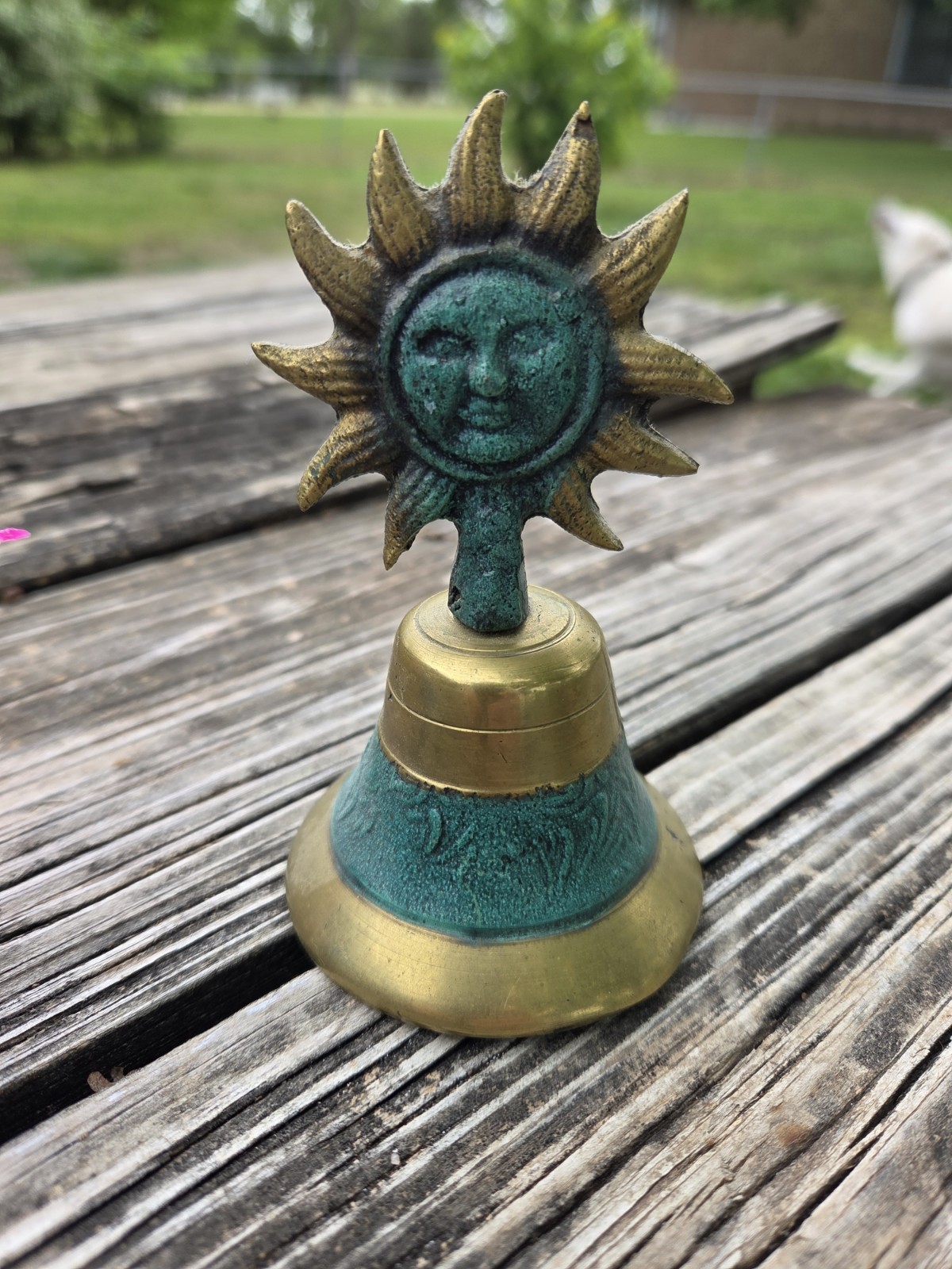 Vintage 90s Brass Celestial Sun 4″ Bell Green Patina Star