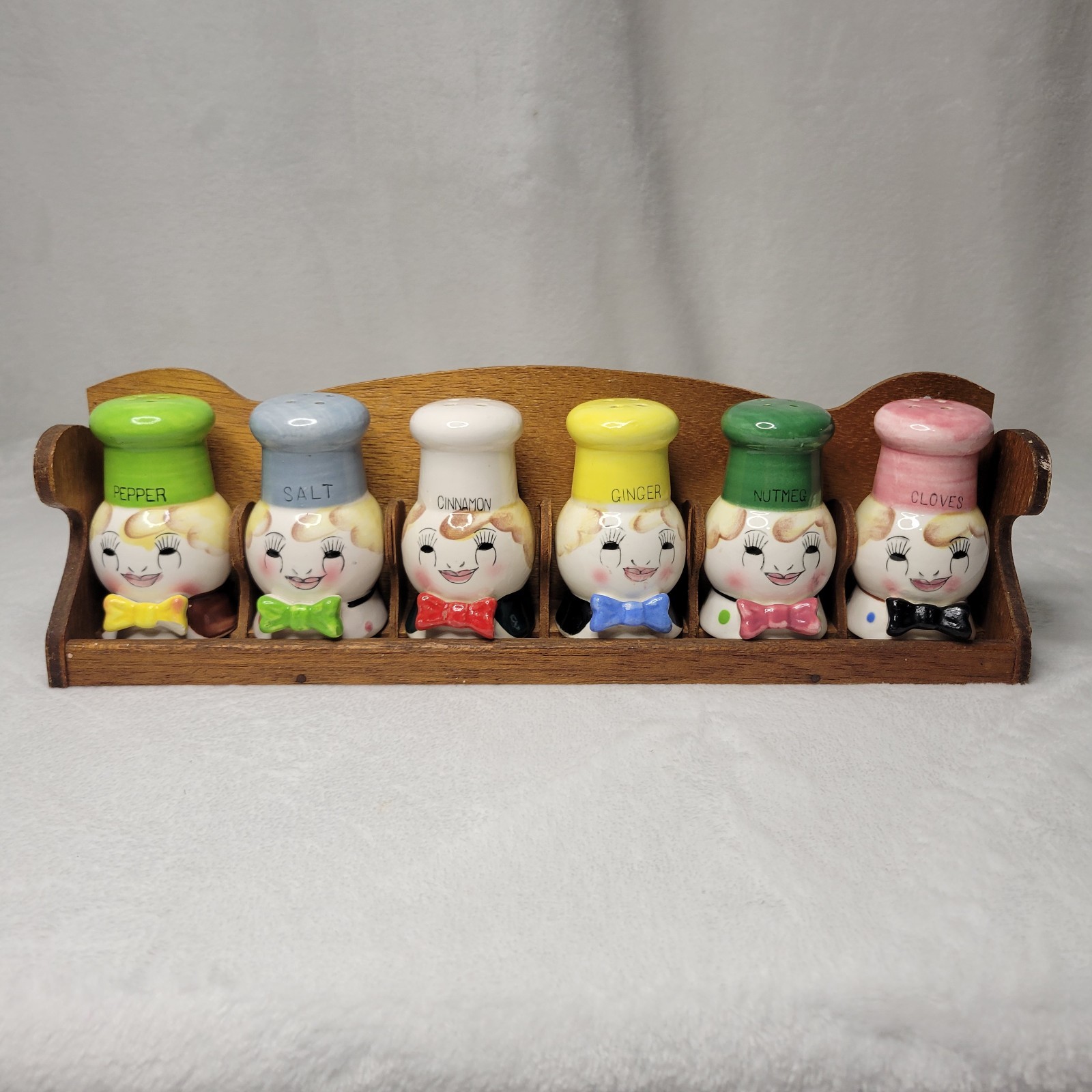 Vintage 1950s MCM Ceramic Chef Spice Jar Set Wooden Rack Kitschy Set Of 6