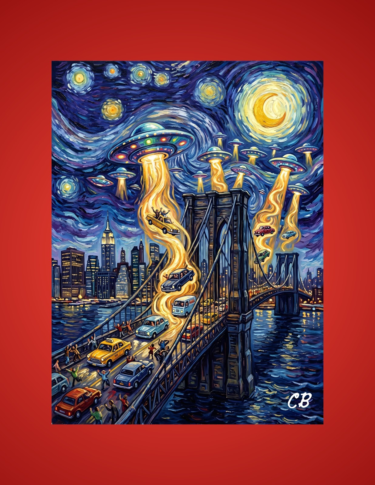 UFO Abduction Brooklyn Bridge ACEO | Sci-Fi Folk Art | Van Gogh NYC Saucers