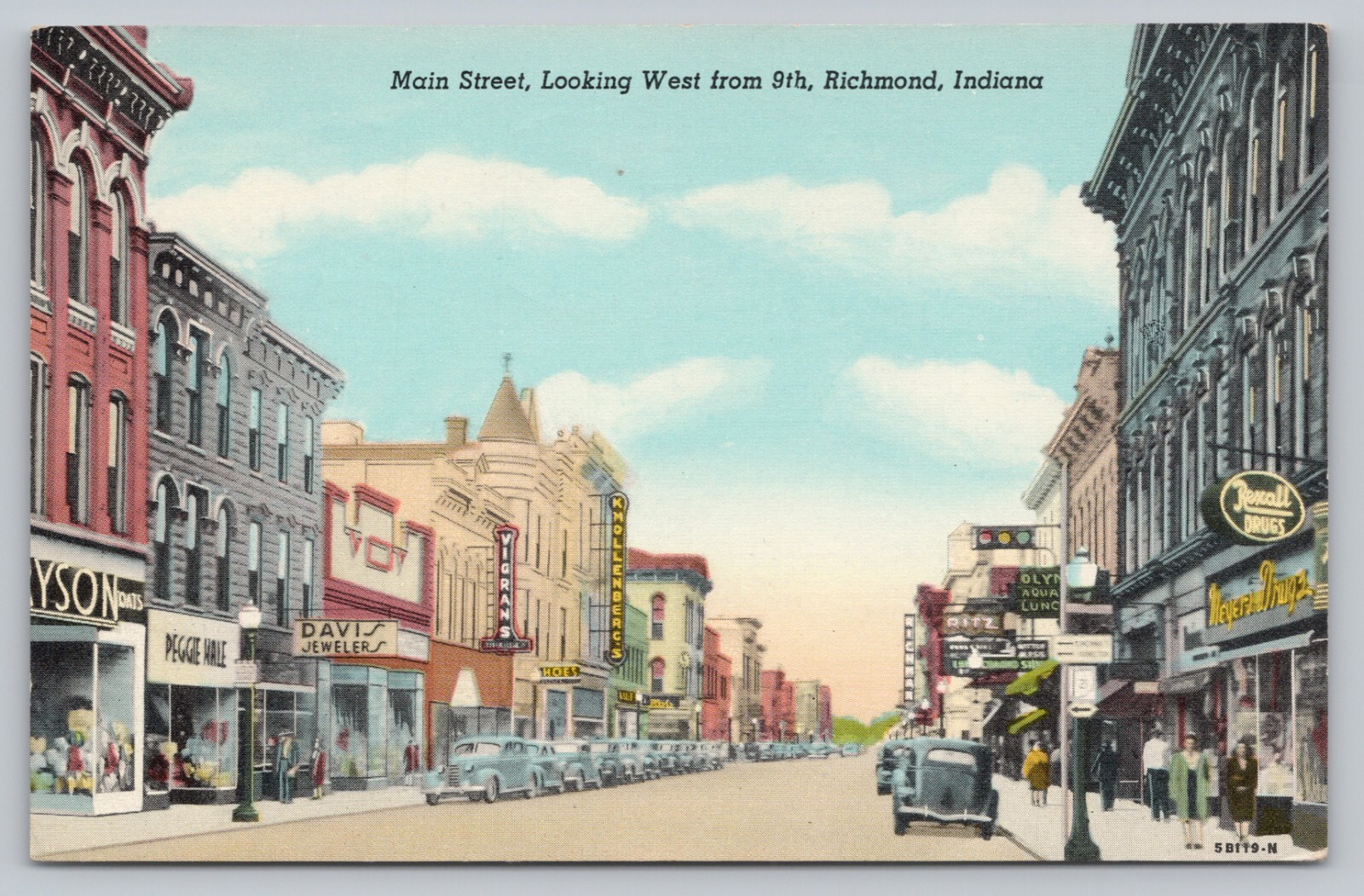 Postcard IN Richmond Main Street Scene Davis Jeweler Restaurant Sign Old Cars J6