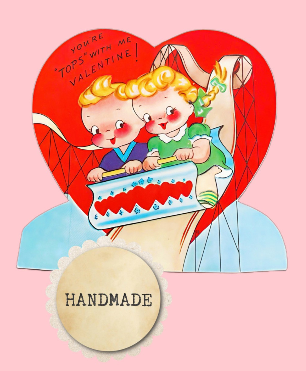 Vintage Style Valentine Card, Roller Coaster Kids ” YOU’RE TOPS WITH ME”