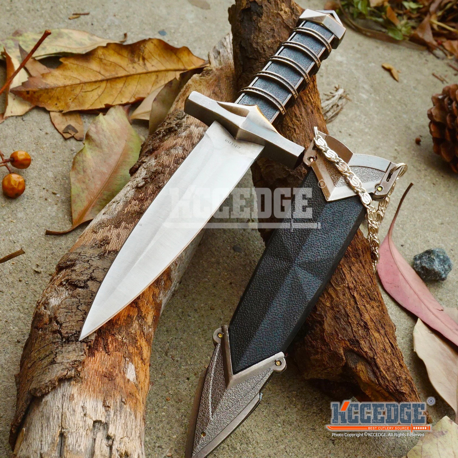 11″ ASSASSIN DAGGER Medieval Knights Fixed Blade Double Edged Knife w/ Chain