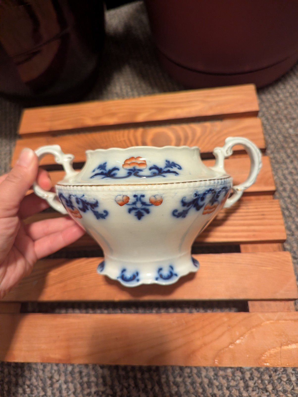 Antique W. H. Grindley Flow Blue Pattern Sugar Bowl NO LID!