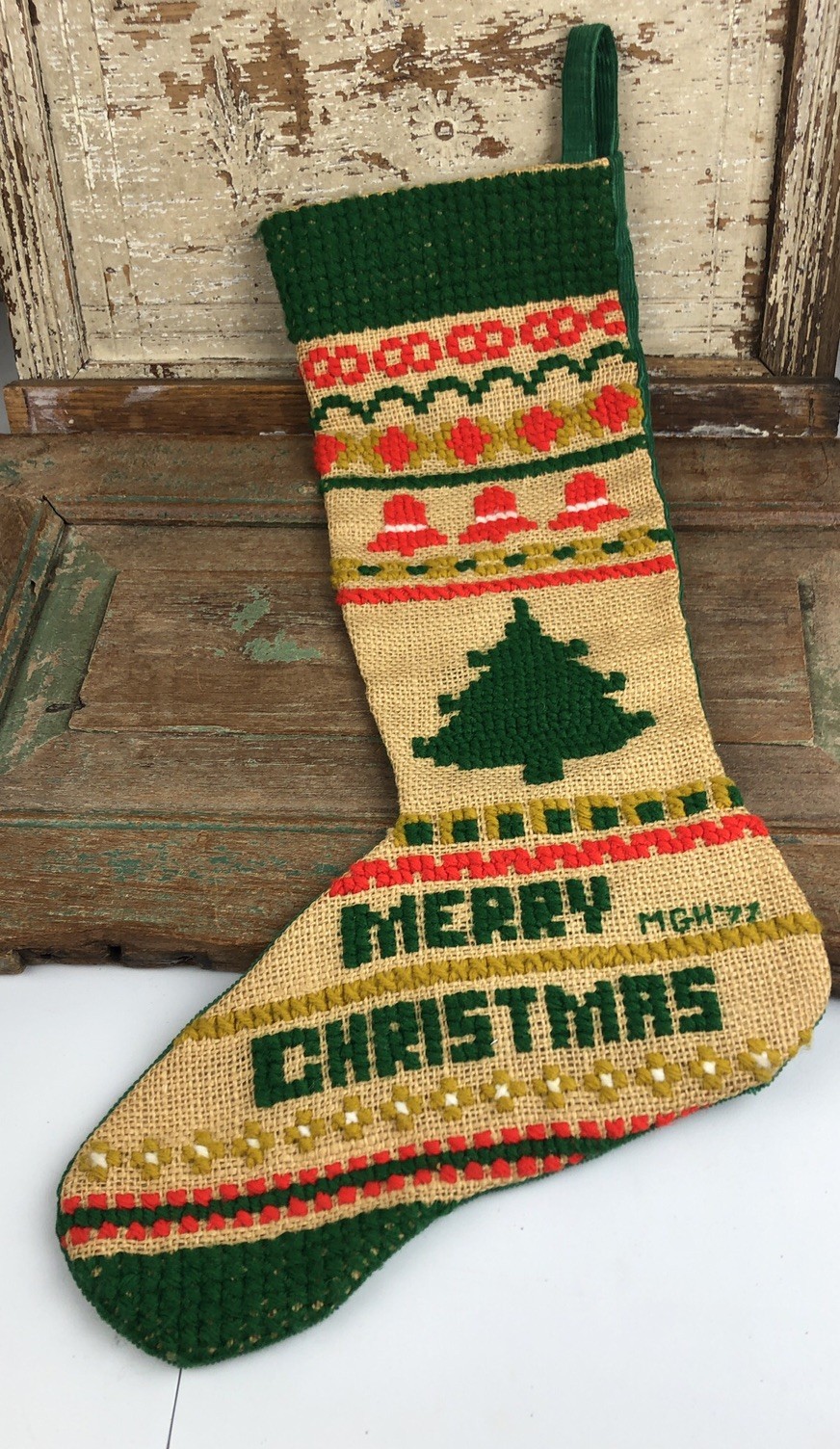 Vtg Christmas Stocking Burlap Cross Stitch Rustic Farmhouse 70s 20”x6” Tree Bell