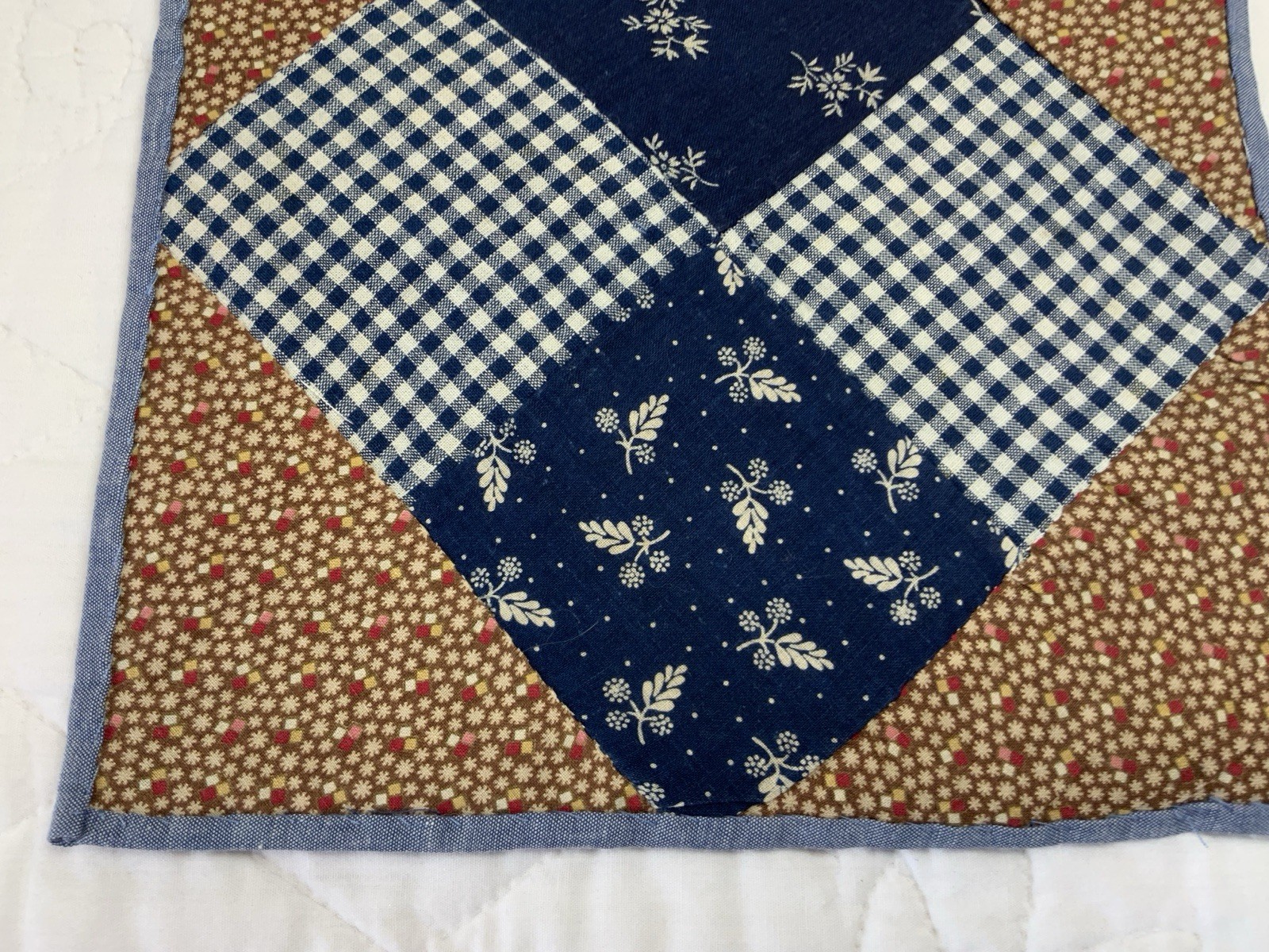 Antique Patchwork Quilt Table Topper, Four Patch, Early Calicos, Brown, Navy