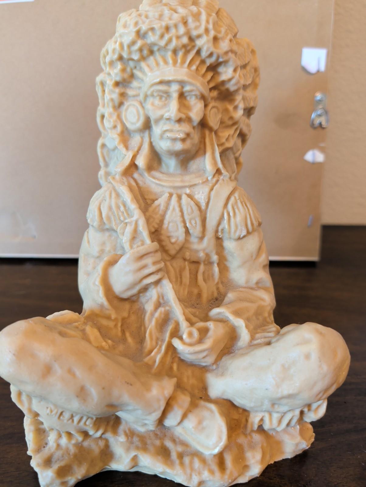 Vintage American Indian Sitting Chief Statue Mission Swirl Clay 9 inches tall