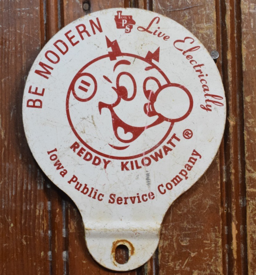 REDDY KILOWATT ELECTRIC STAMPED PAINTED METAL PLATE TOPPER SIGN IOWA CIRCA 1950s