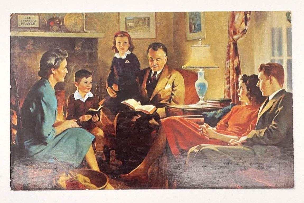 Family Worship F Sands Brunner WWII Religious Postcard