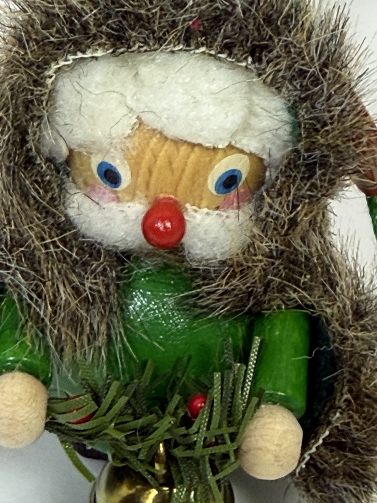 Vintage Steinbach Irish Santa Ornament Germany Wood Fur Hood Bell Tag Garland