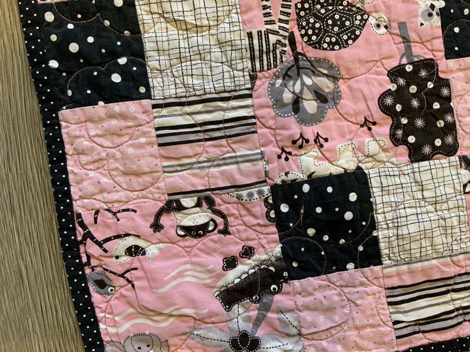 Patchwork Crib Quilt, Four Patch, Pink & Black, Whimsical Animal Print, Dots