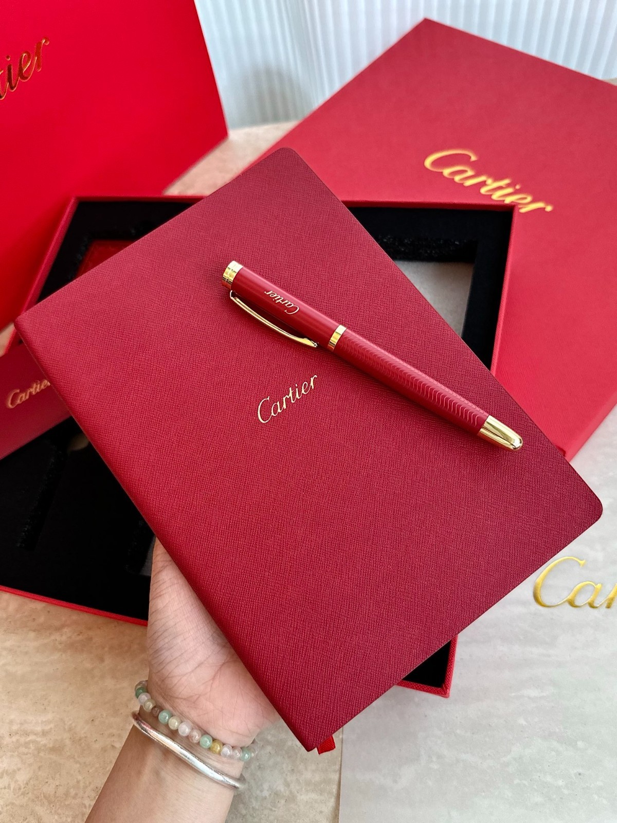 Cartier red striped ballpoint pen notebook set box luxury