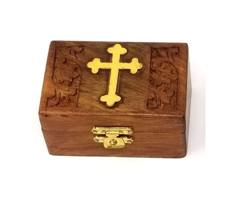 Wooden Box -Sml 3″x2″ Rectangular Decorative w/Brass Orthodox Cross & Hinged Lid