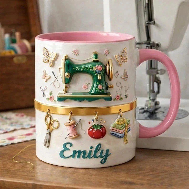 Personalized Sewing Machine 3D Mug – Custom Name Craft Lover Coffee Cup Gift