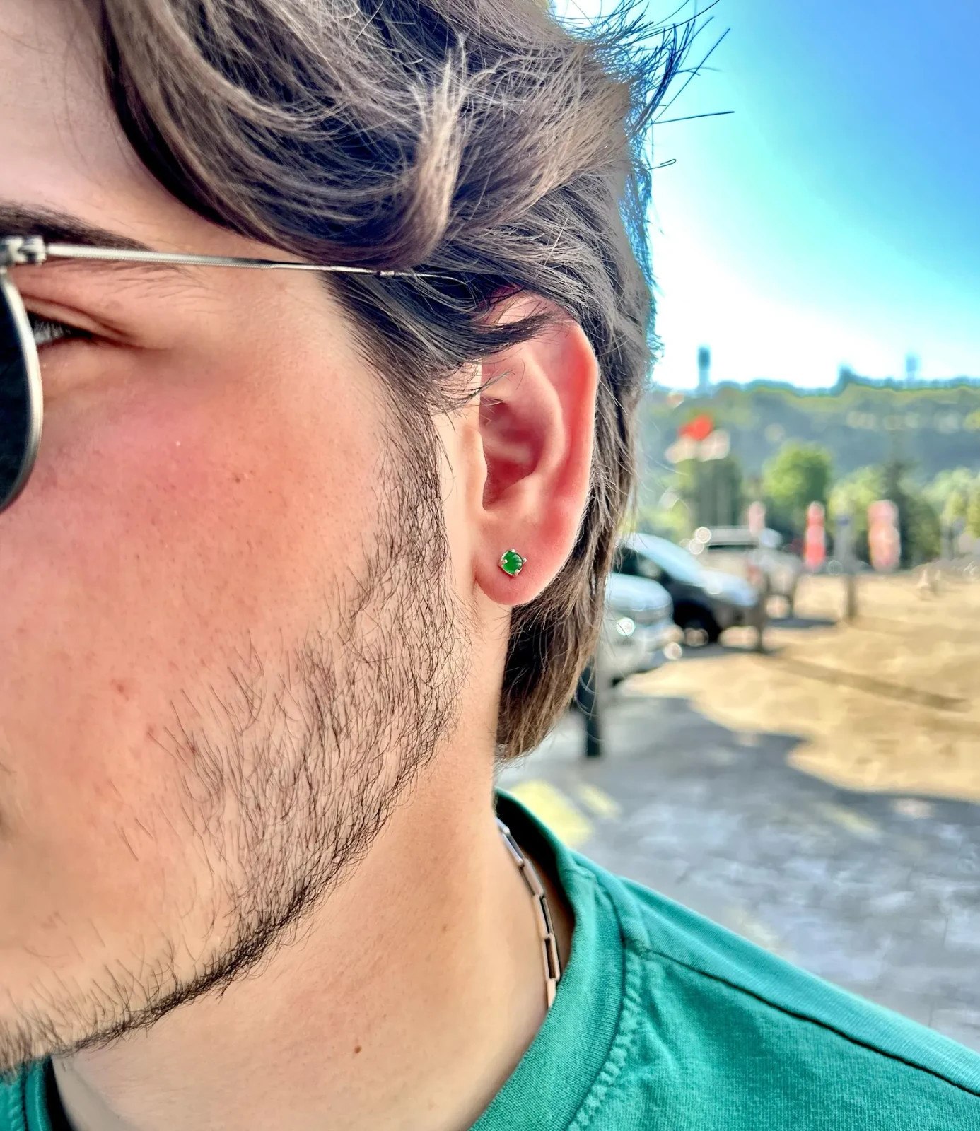 Men’s Green Emerald Cabochon Stone Stud Earrings For Men’s 10K Yellow Gold Over