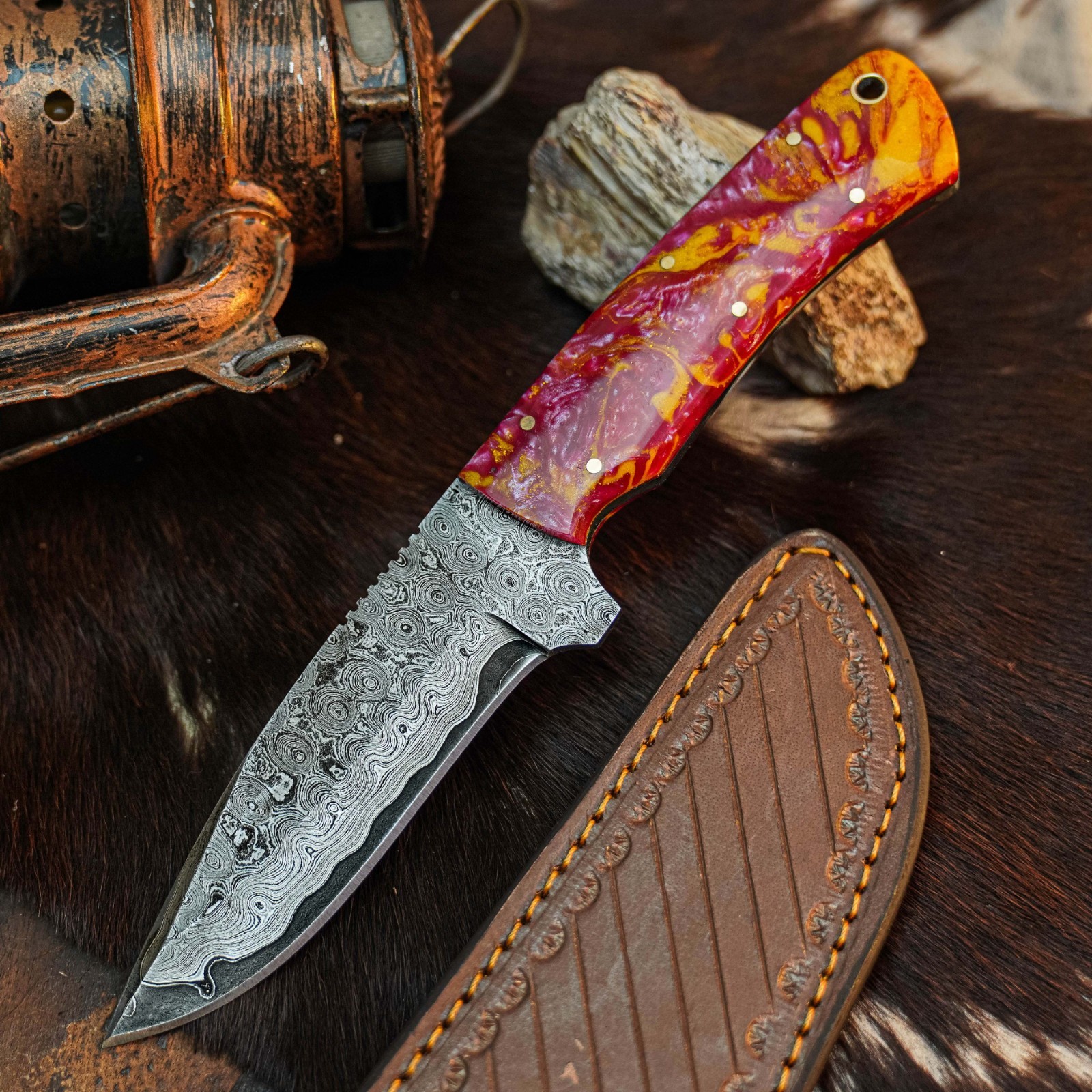 8.7″ Hunting EDC Damascus Knife Handmade Full Tang Resin Handle Leather Sheath