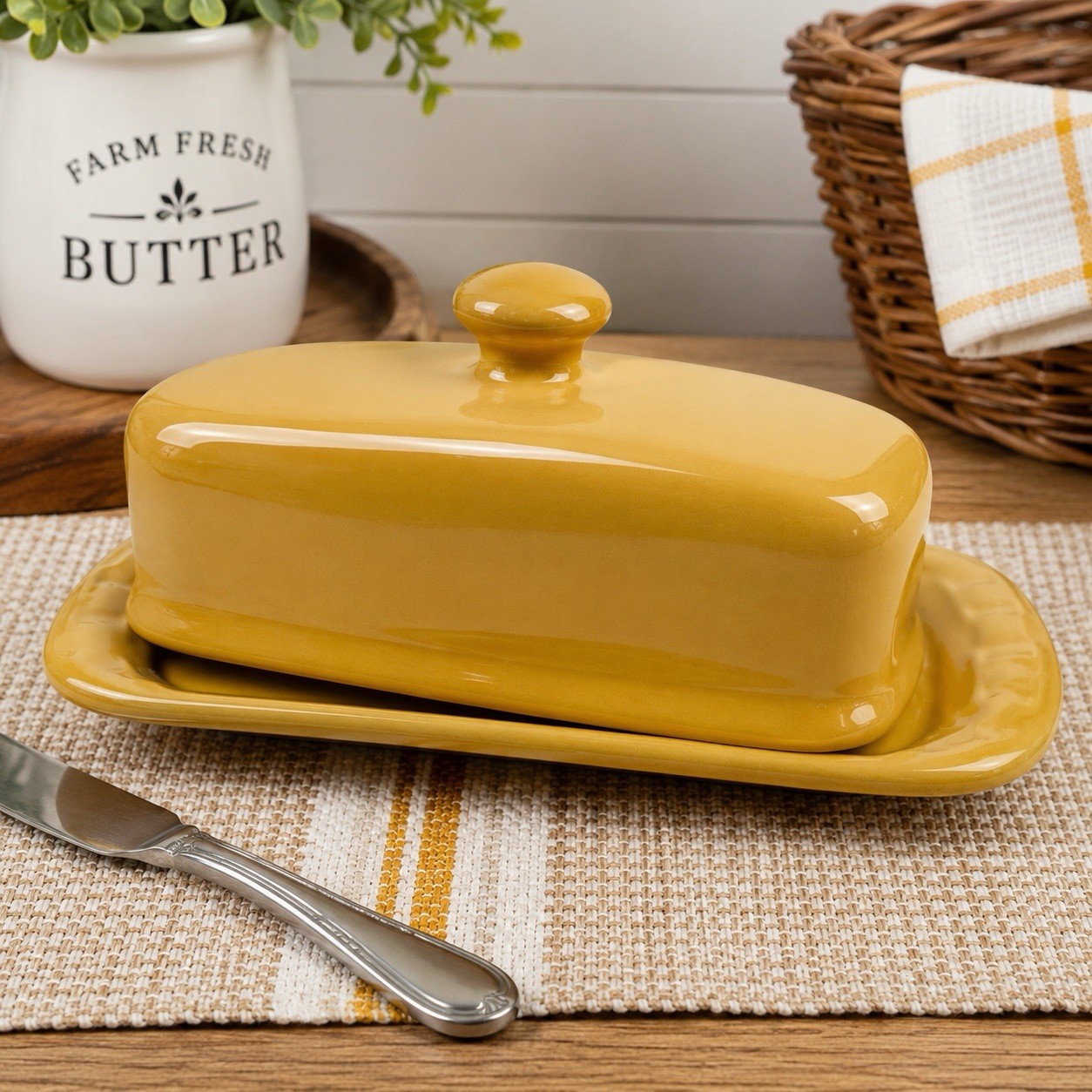 Longaberger Woven Traditions Yellow Pottery Butter Dish Covered Keeper 8.5”