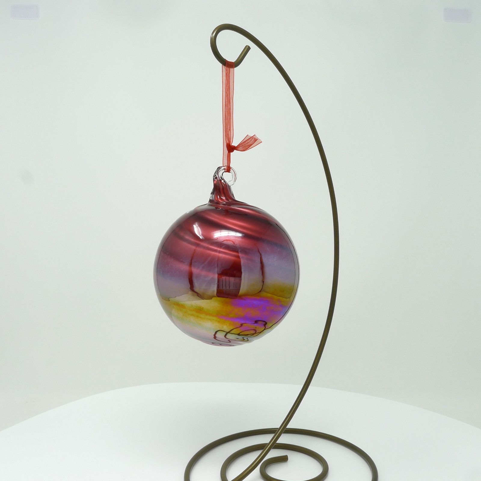 Hand Blown Glass Christmas Ornament Red Sphere w/ Irridecent Finish 3.5″ Dia