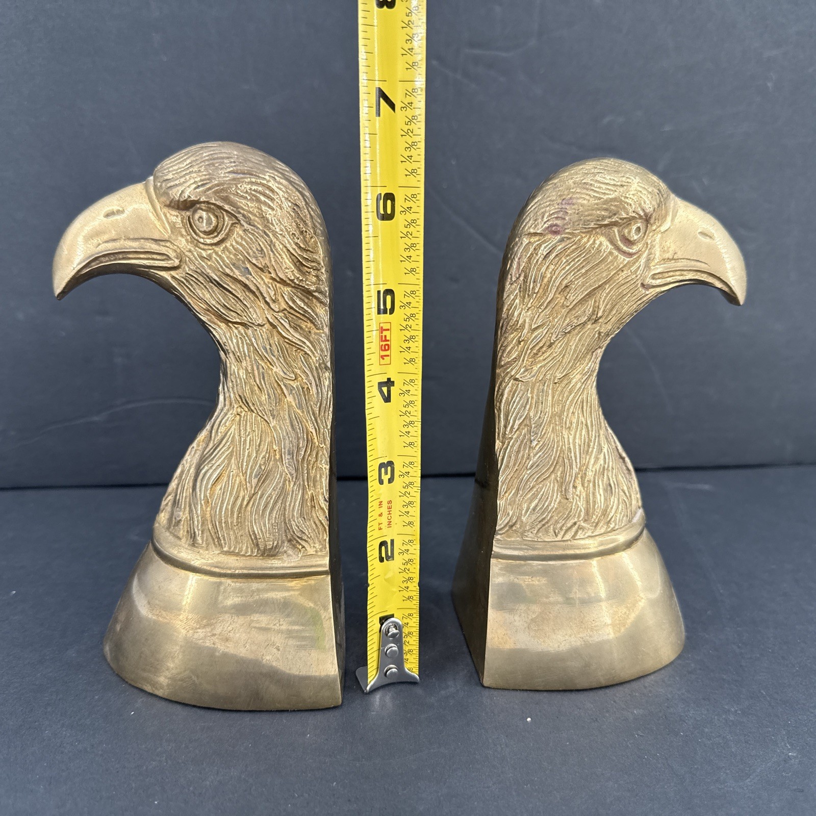 Vtg Solid Brass Bald Eagle Head Bookends Pair Americana Office Bird Library 6.5”