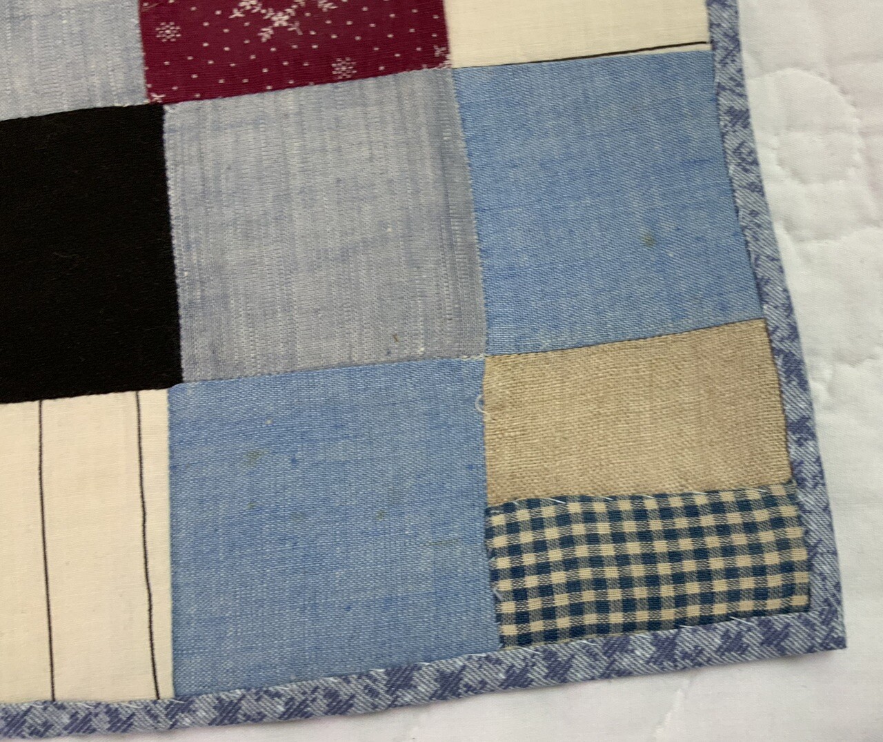 Vintage Antique Patchwork Quilt Table Topper, Four Patch, Early Calicos, Blue