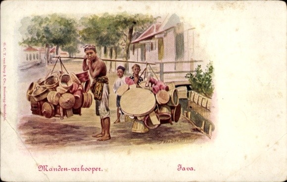 Postcard Java Indonesia, man with basketry, dealer – 4289525