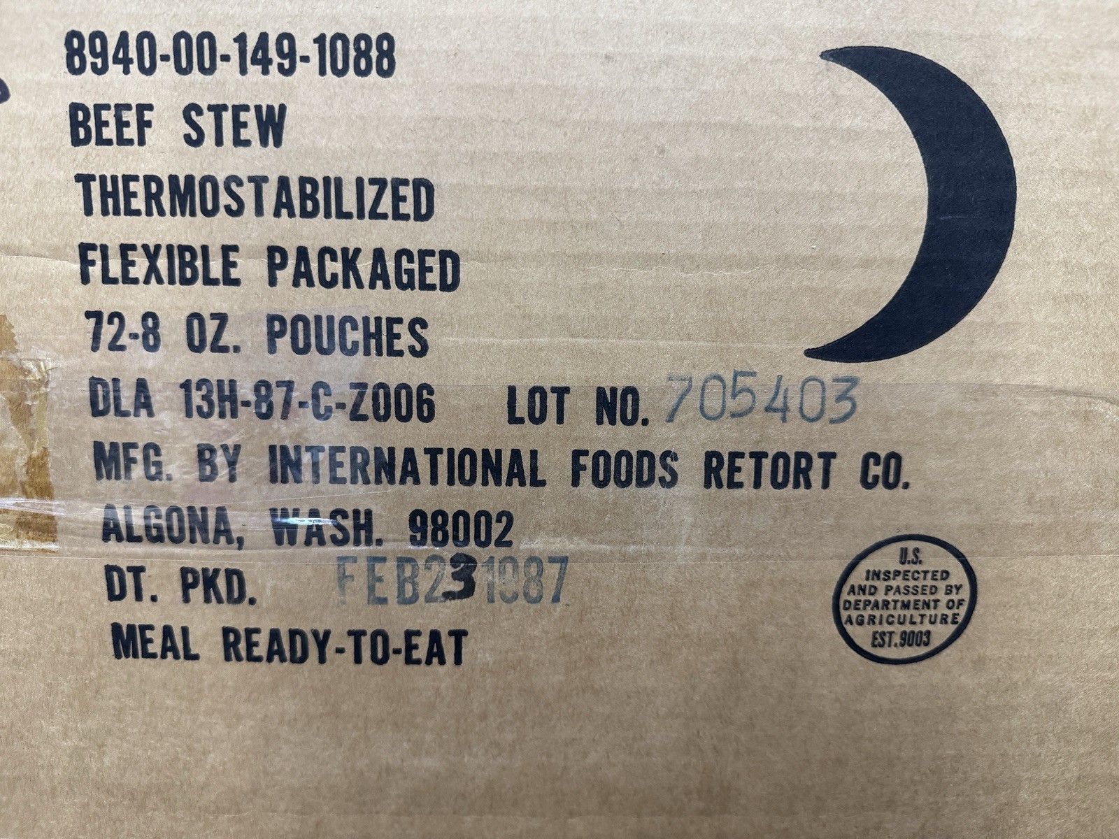 1 – 1987 Vintage Case (72) 8 Oz. Entrees Beef Stew , USGI, Military Issue, MRE