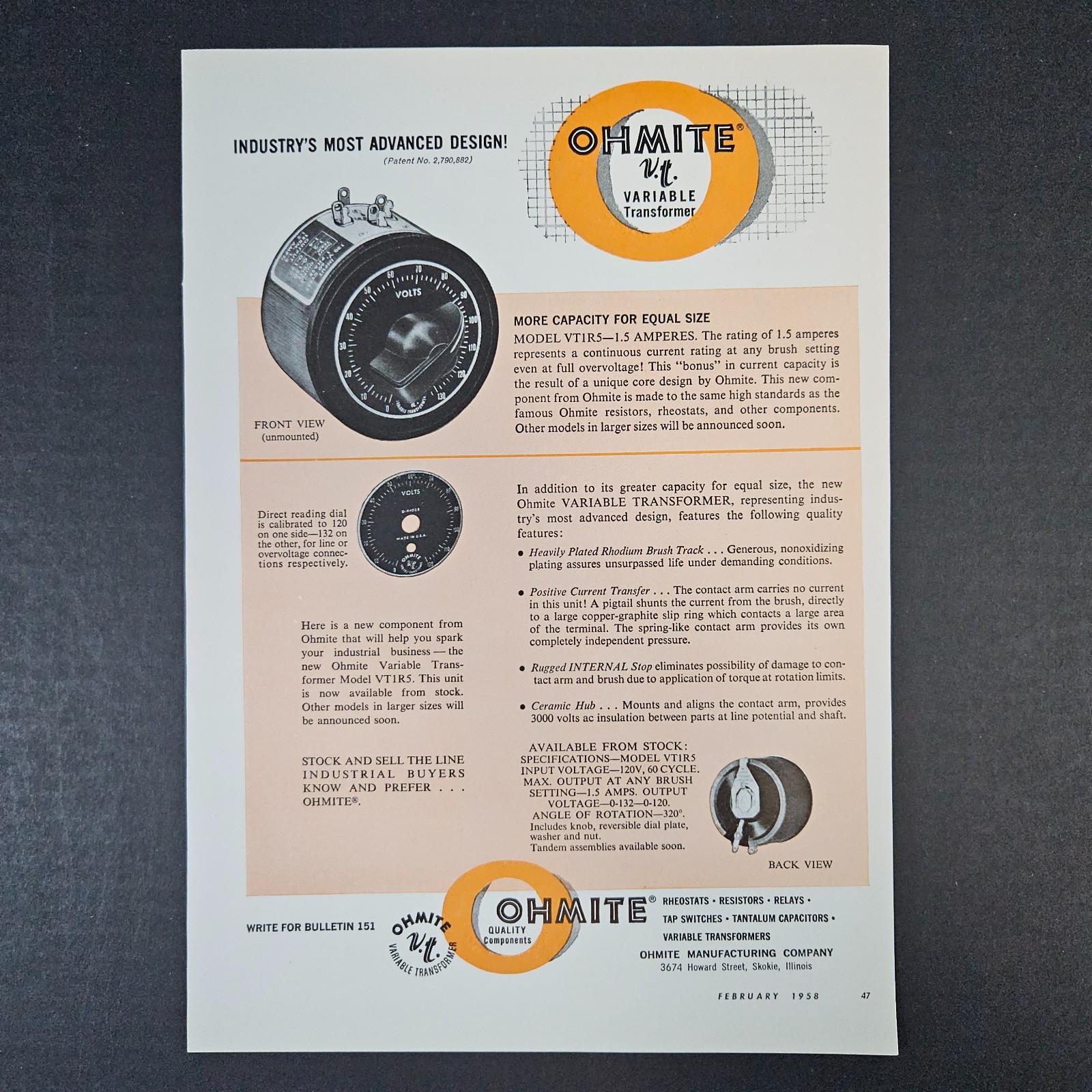 1958 Ohmite Mfg Variable Transformer Rheostats Relays Vintage Print Ad Skokie IL
