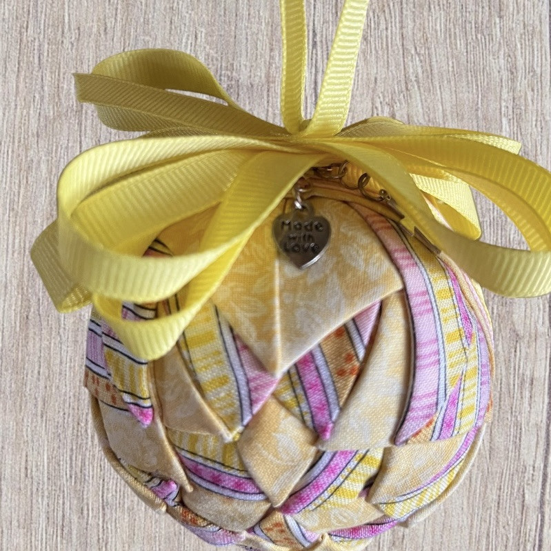 Handmade Quilted Folded Star 3″ Ball Ornament Yellow Pink Fabric Cottagecore