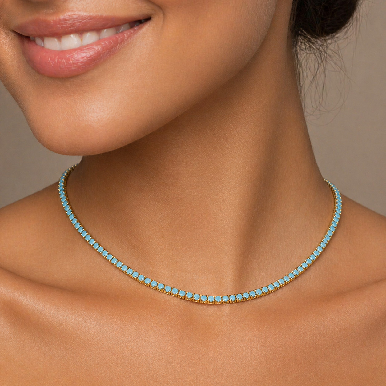 3 mm Round Cut Lab-Created Turquoise Tennis Necklace 18″ 14K Yellow Gold Plated