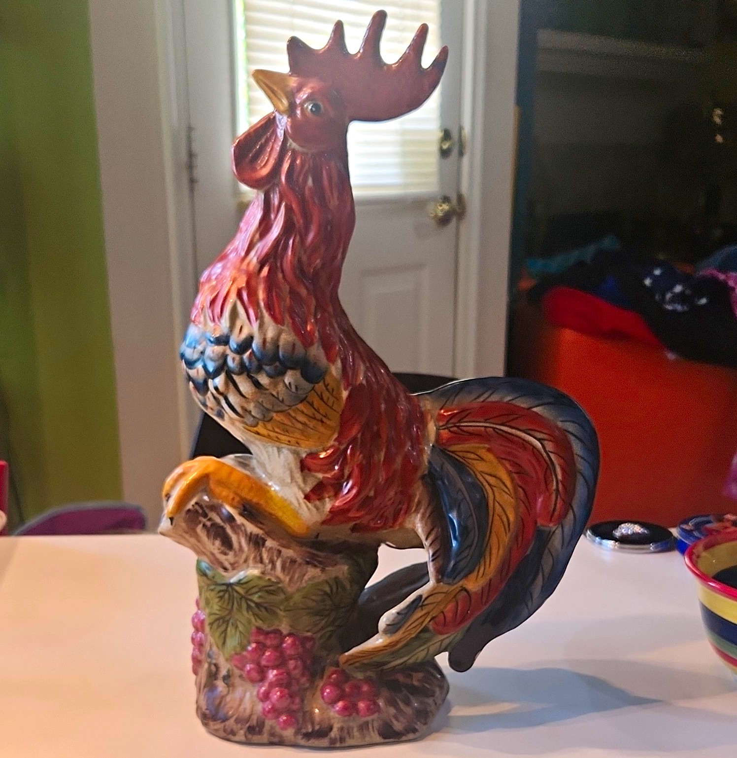 Porcelain Multicolor Rooster Chicken Figurine Sculpture W/ Grape Vine Base
