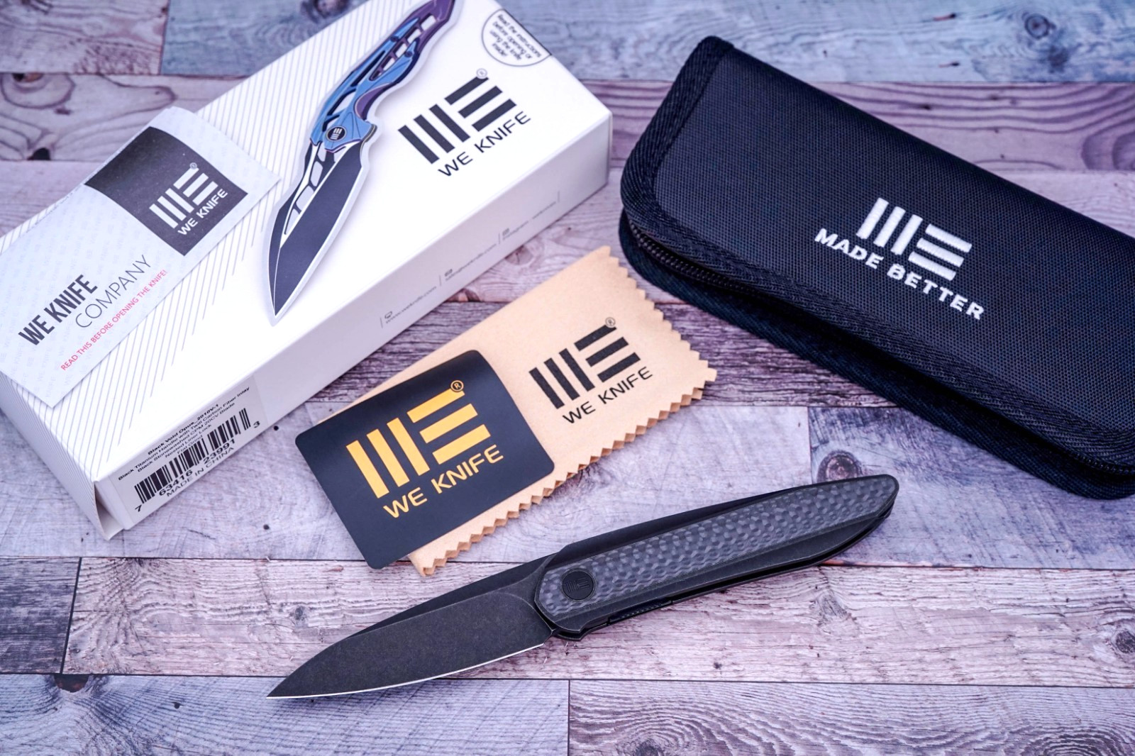 WE Knife Black Void Opus, Black SW CPM-20CV, Black Ti W/Twill CF Inlays, 2010V-1