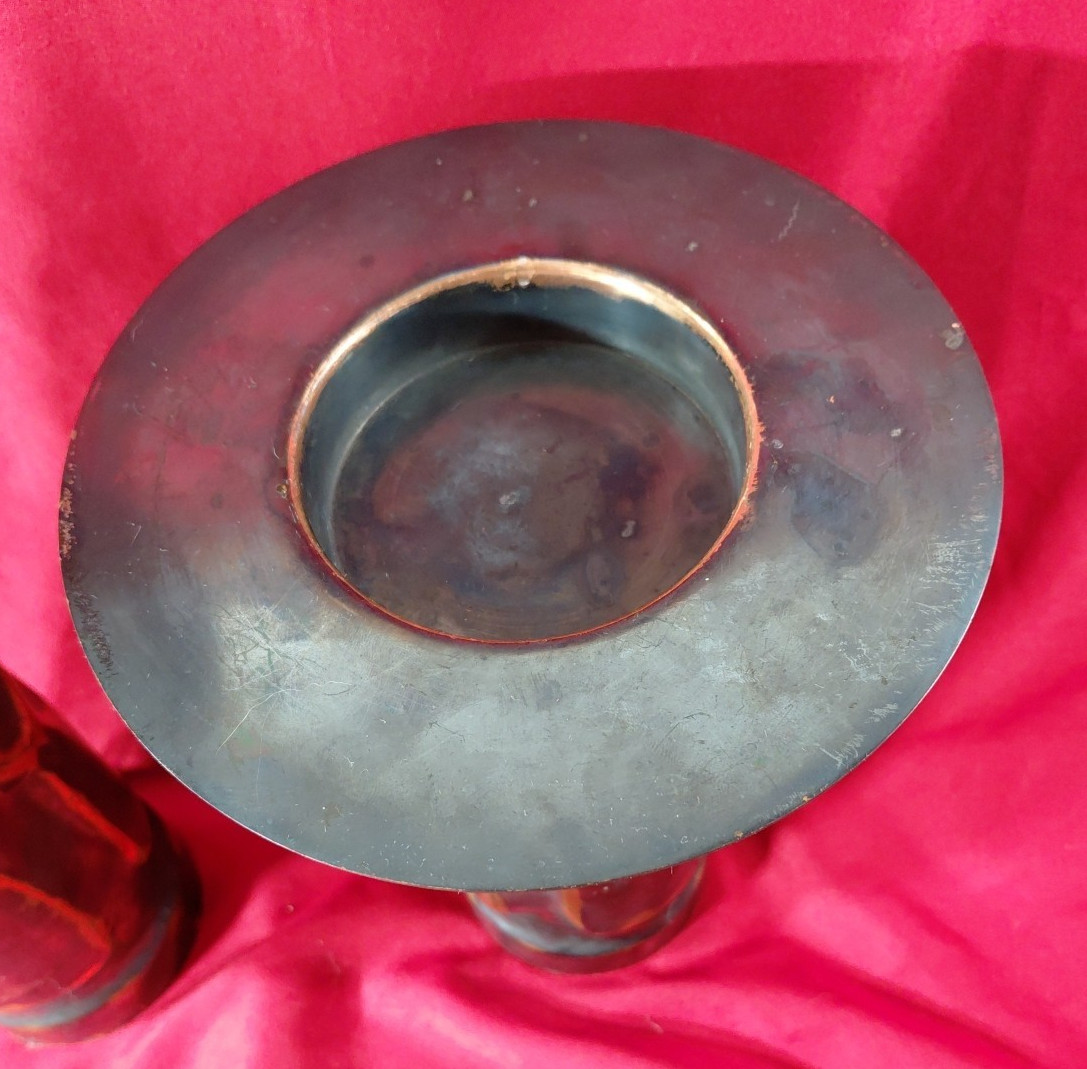 Pair Pillar Candle Holder Mixed Materials Copper Metal & More 9″ & 12″