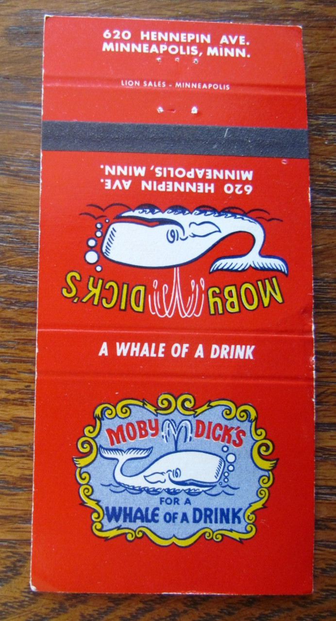 FICTIONAL CHARACTER MATCHBOOK MATCHCOVER: MOBY DICK’S MINNEAPOLIS, MINNESOTA -M4